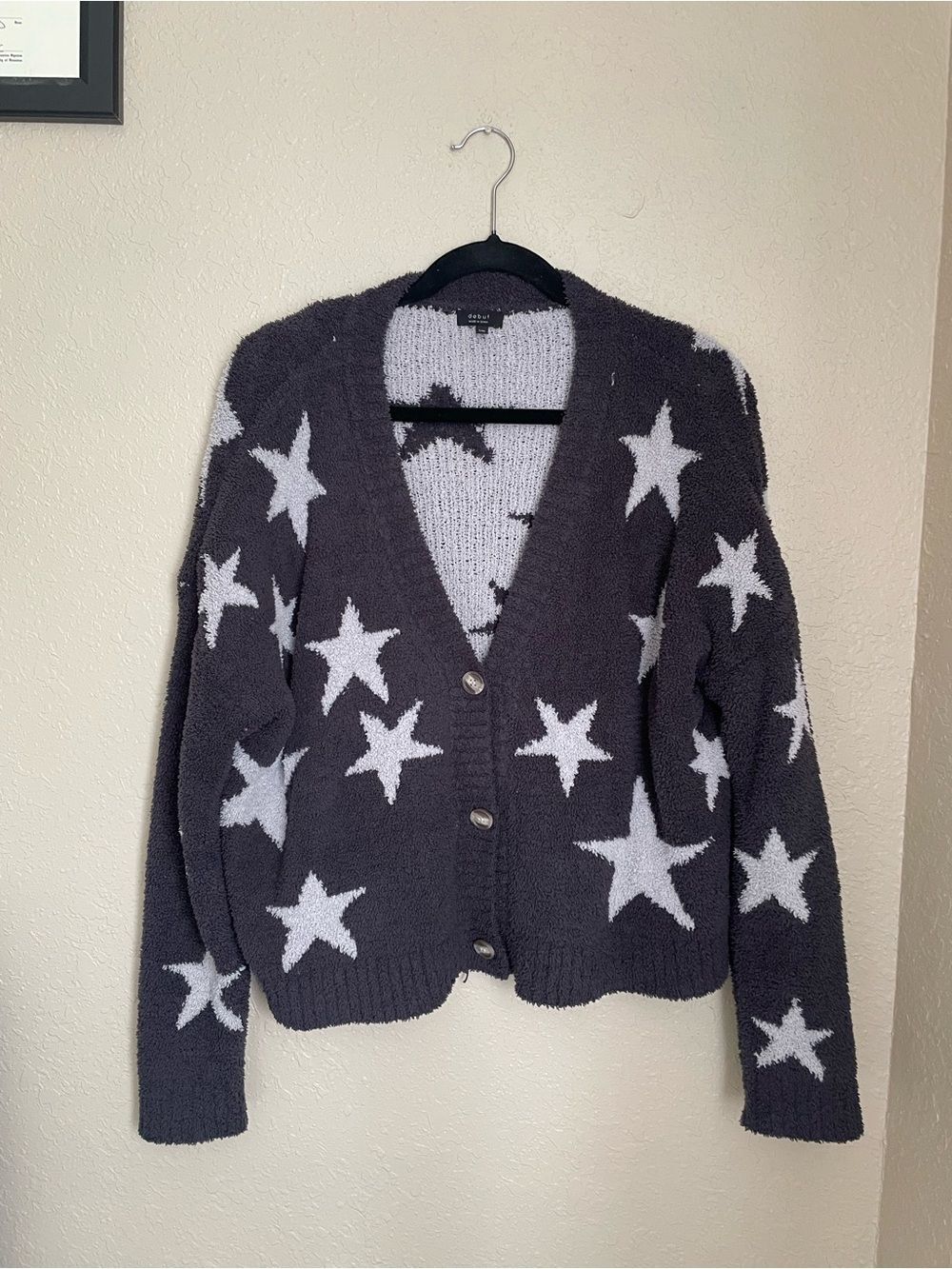Debut Chenille Knit Star Print V Neckline Button Cardigan Size S/M Gray